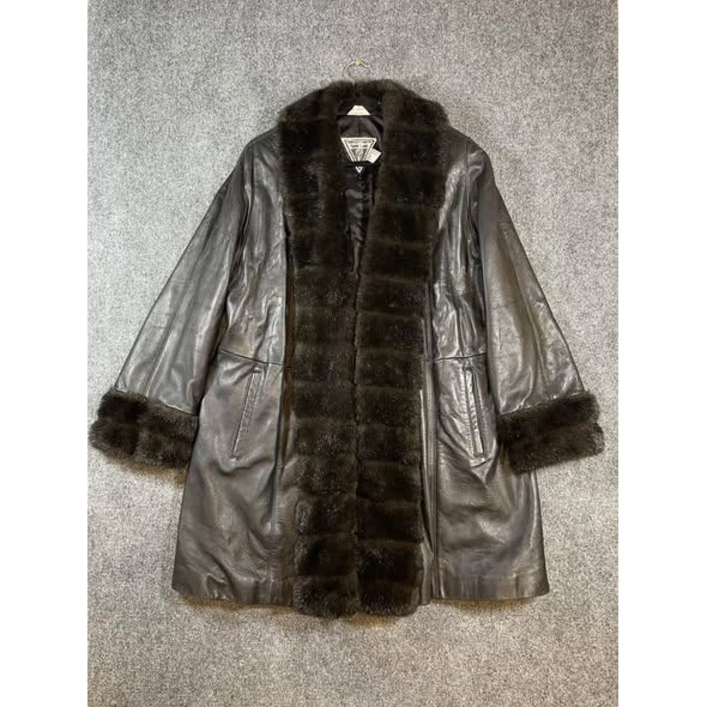 VTG J Percy Marvin Richards Genuine Leather Faux Fur Long Coat Black w/Brown Fur